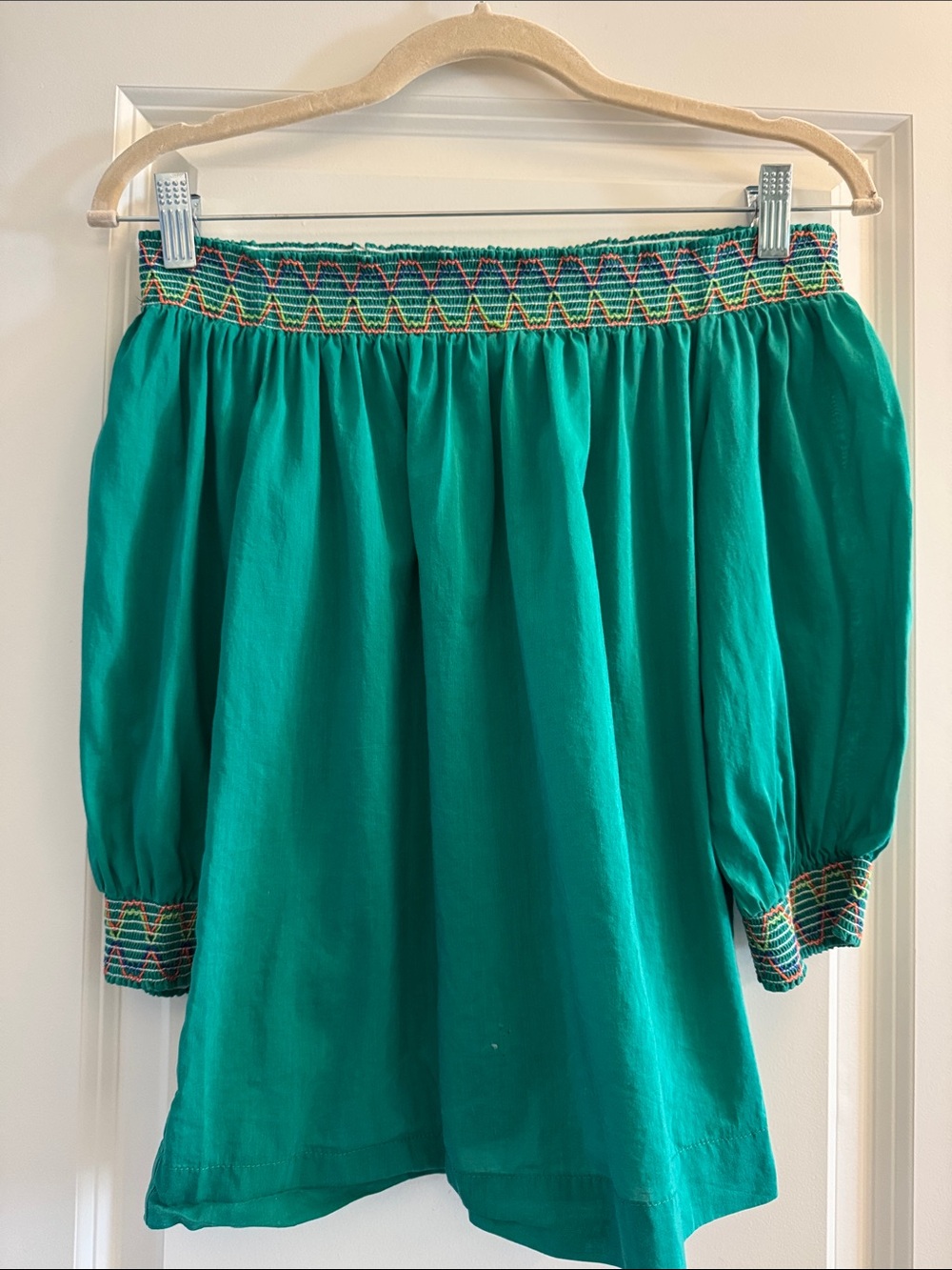 Trina Turk emerald Off-Shoulder Peasant Blouse with Multicolor Embroidered Trim